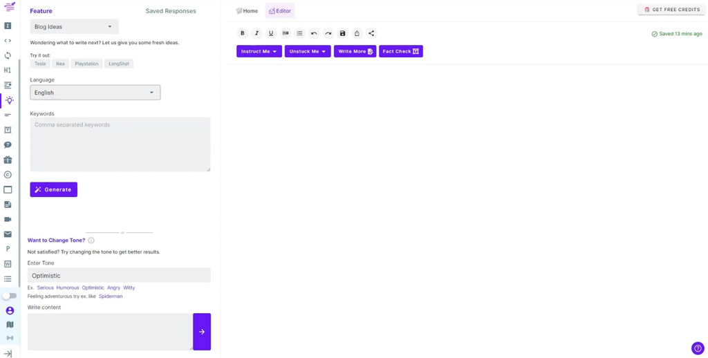 Editor de texto do LongShot com barra lateral de configuração de conteúdo a ser gerado por IA