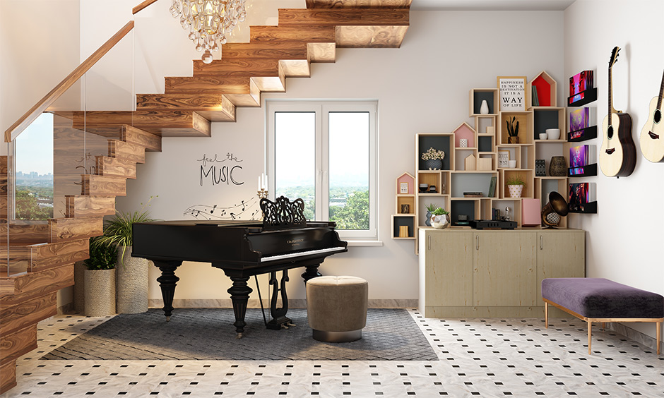 Space below staircase transformed into a music room
