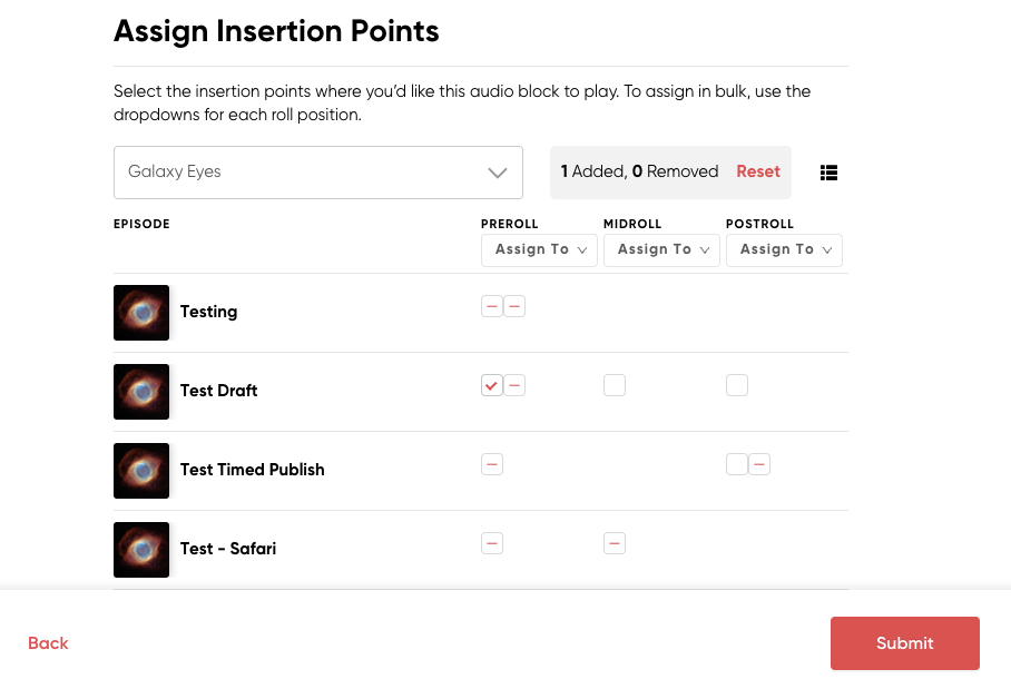 How to bulk assign audio blocks to insertion points on RedCircle