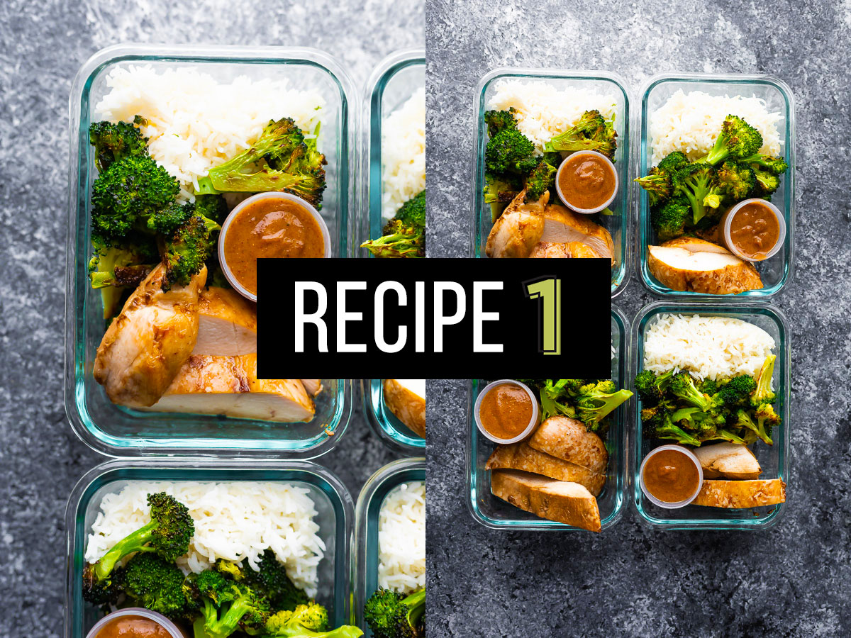 collage image of glass meal prep containers with chicken broccoli and rice and text recipe 1