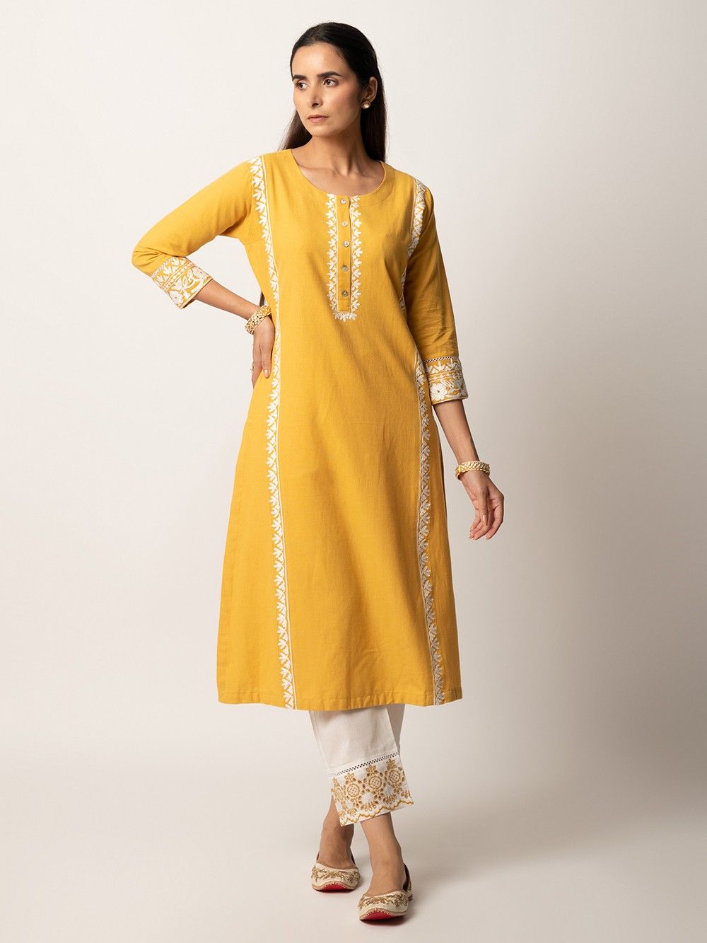 the loom - Mustard Yellow Aari Embroidered Cotton Kurta