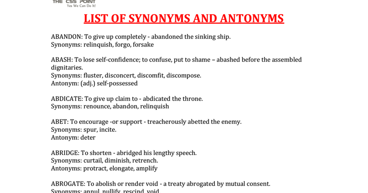 Printables Synonym And Antonym Word List 500 word list of synonyms and antonyms pdf google drive