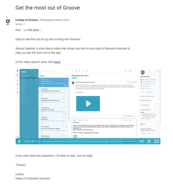 Customer onboarding example from Groove.