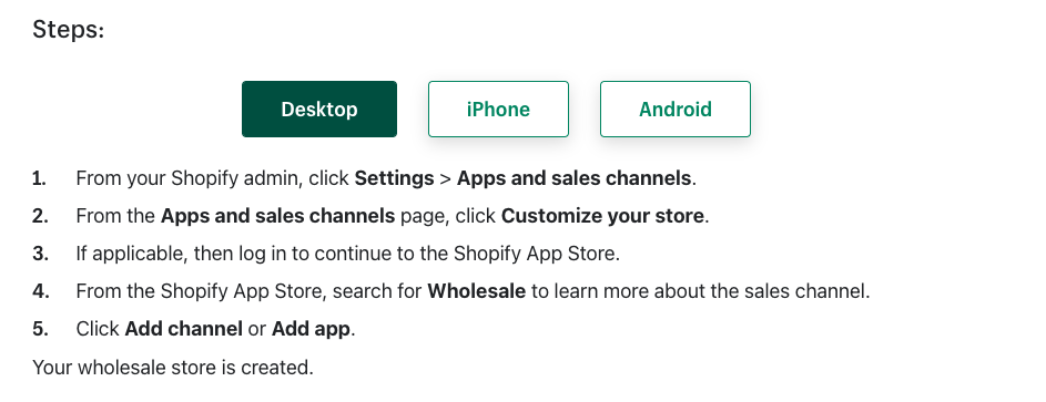 The steps of how to create a sales channel account on Shopify.