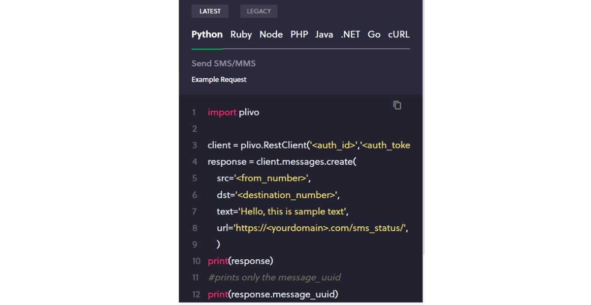 best SMS API in the UAE | code snippet from Pliove API documentation