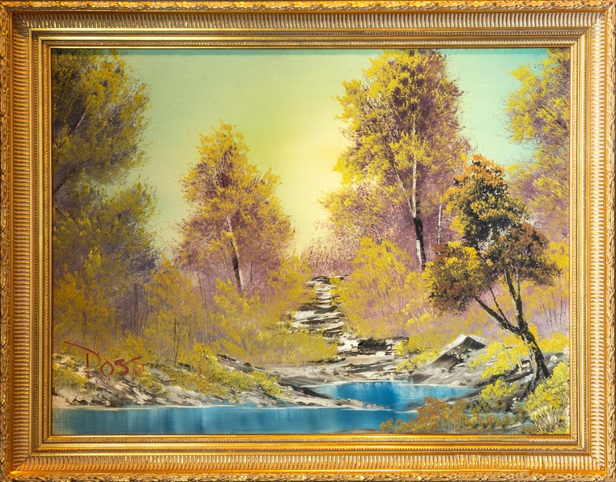 A landscape painting with trees and a pond.