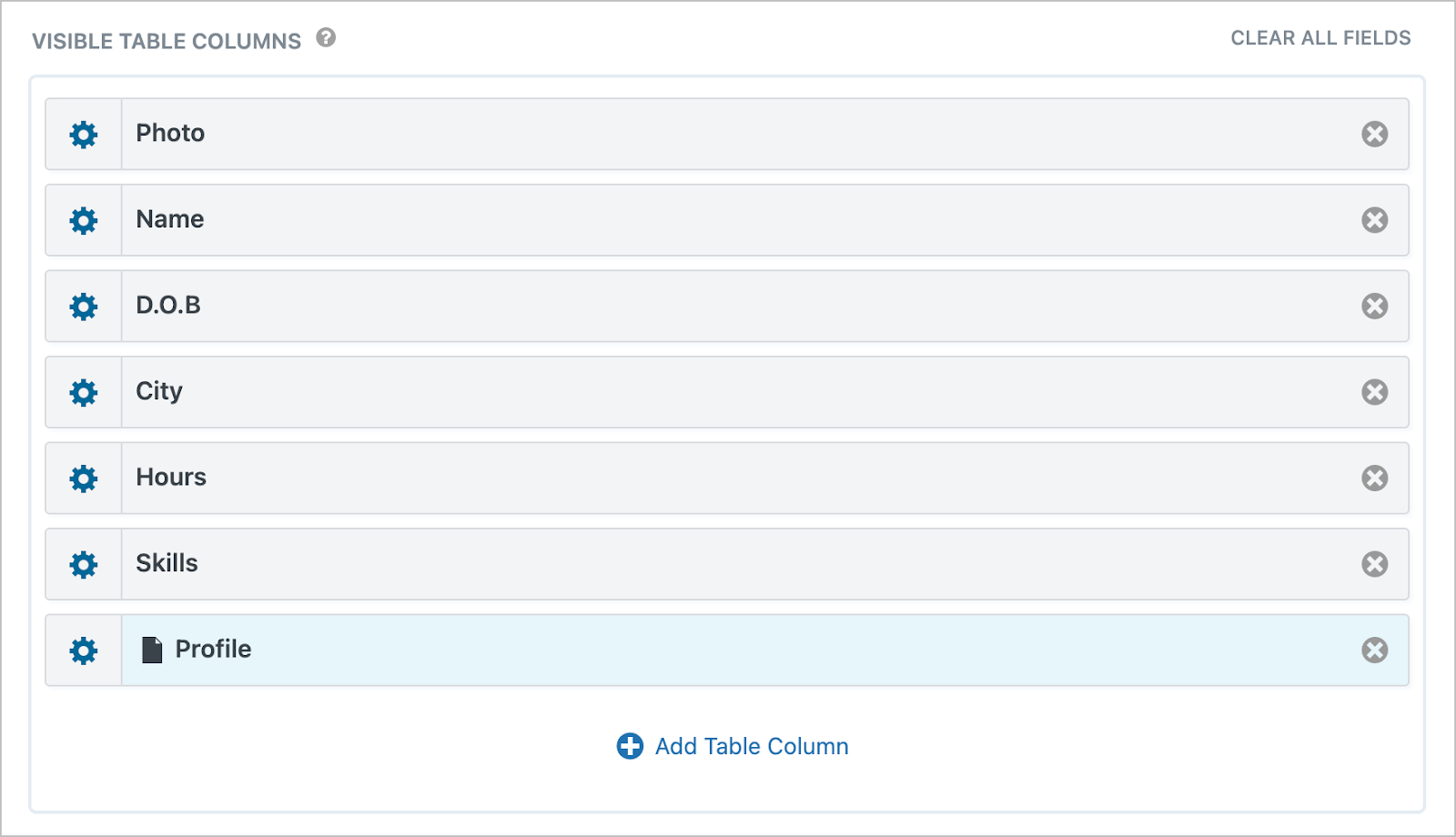 Fields added to the 'visible tables columns' section of the View editor