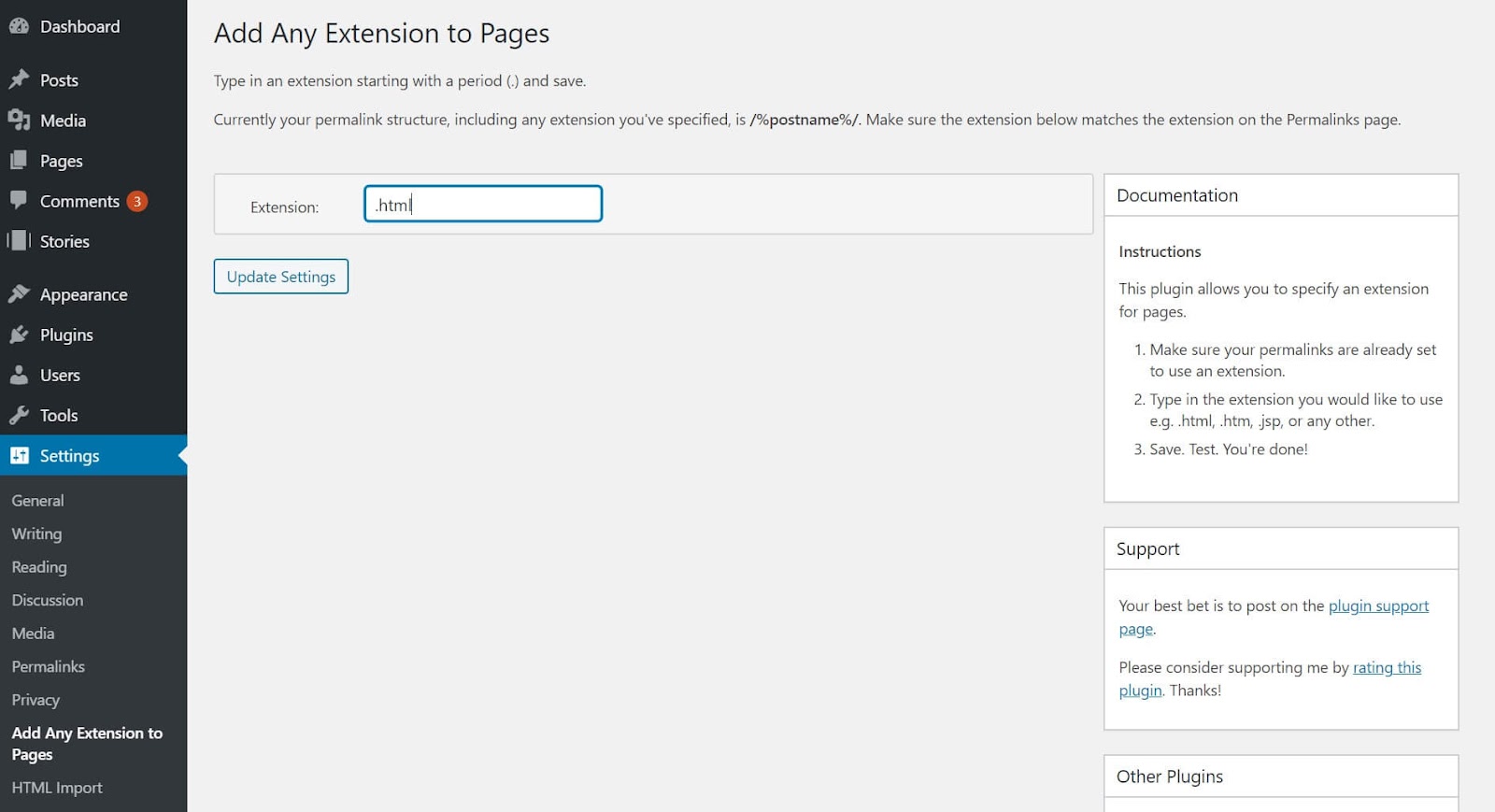 add extensions to pages in WordPress
