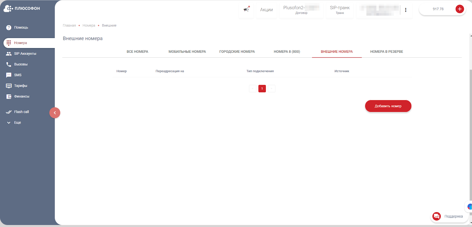 Пример добавления номера в личном кабинете «Плюсофон»