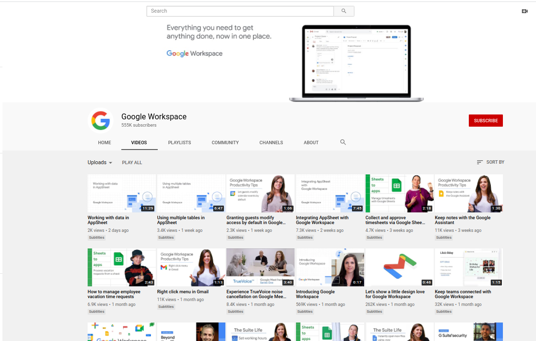Google Workspace's Youtube channel