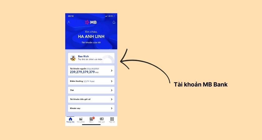 Ví dụ về quản lý tài khoản MB Bank trên giao diện ứng dụng ngân hàng này