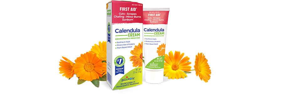 Calendula Cream 2.5 oz box and tube with Calendula flowers