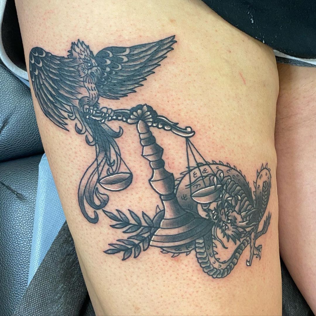 Illustrative Phoenix With Libra Symbol Tattoo