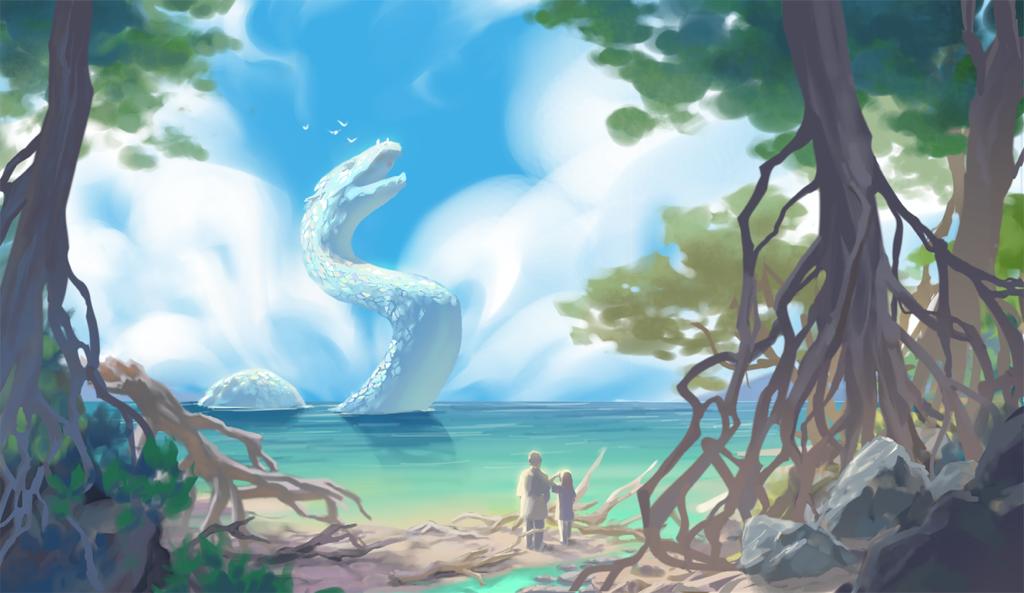 Illustration of adult and child on beach watching a huge sea serpent rearing out of the ocean