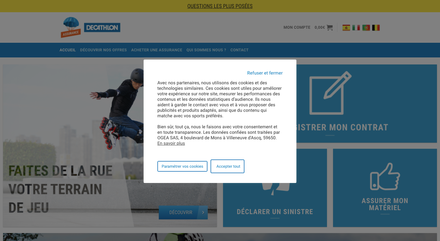 Decathlon Assurances website's GDPR cookie consent banner