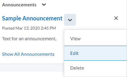Image of the "Edit" and "Delete" options for announcements.