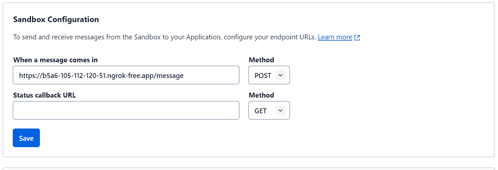 This image shows how to configure your sandbox and link to the ngrok url