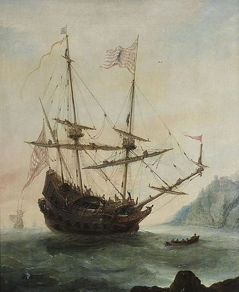 Ship of a Christopher Columbus in a sea.