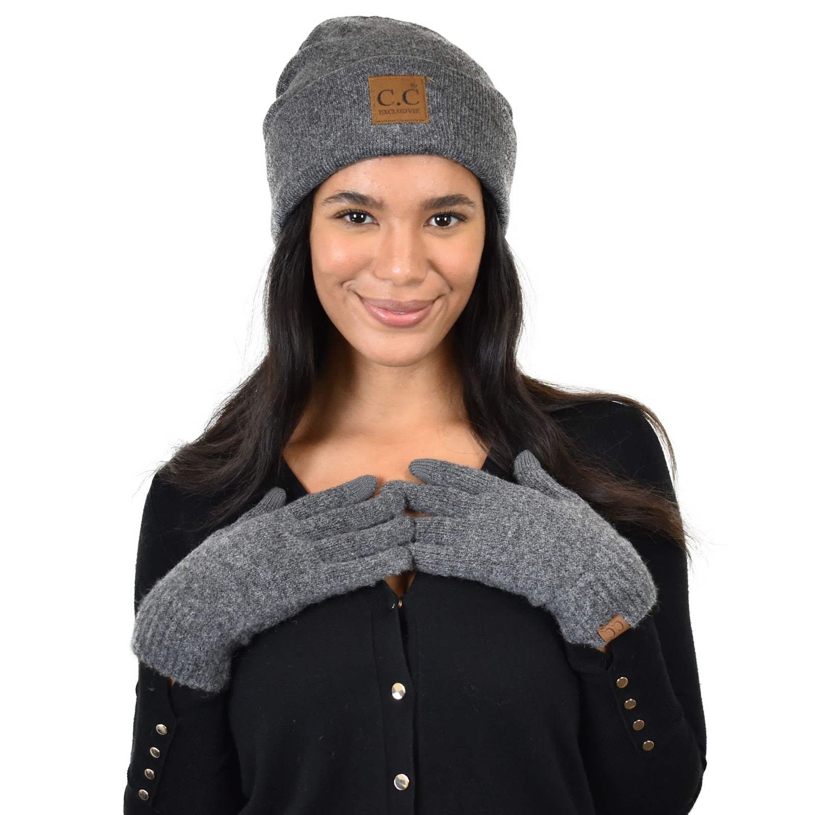 C.C Unisex Eco-Friendly Recycled Yarn Cuff Beanie and Touchscreen Gloves 2 Pc Set Heather Charcoal