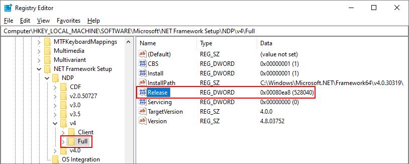 Registry entry for the .NET Framework 4.5