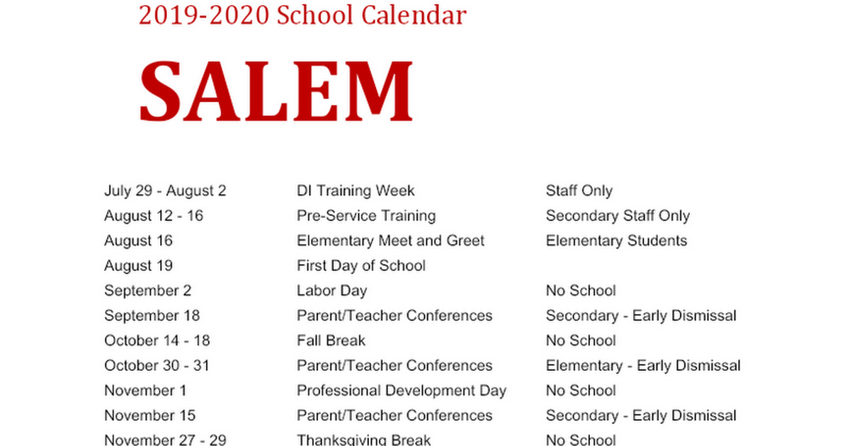 Salem Calendar 201920 Google Docs