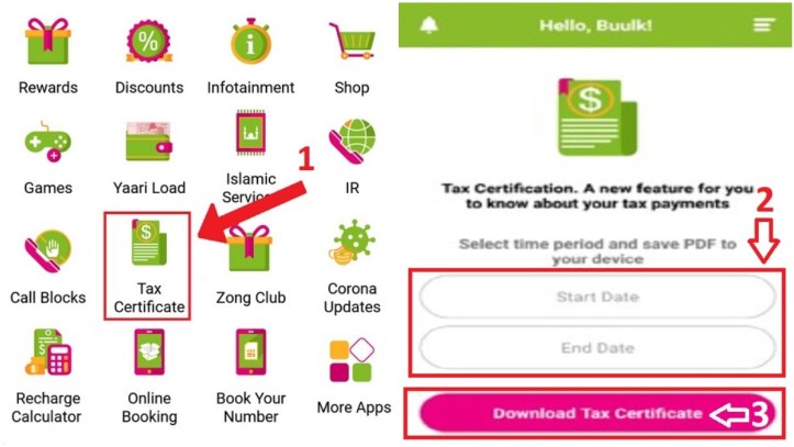 Zong App Tax Certificate