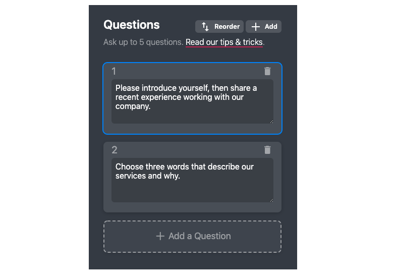 Questions: Ask up to 5 questions (Read our tips & tricks)