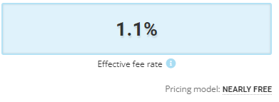Screenshot of a demo analytics option. It's a blue box with "1.1%" in the middle. Under the box it says "Effective fee rate"