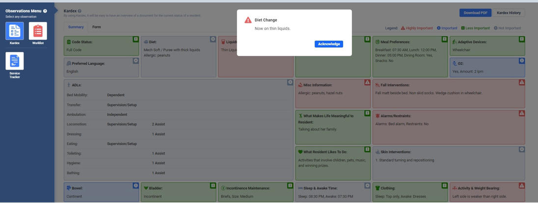 The integrated Kardex tools showing an alert for a diet change.