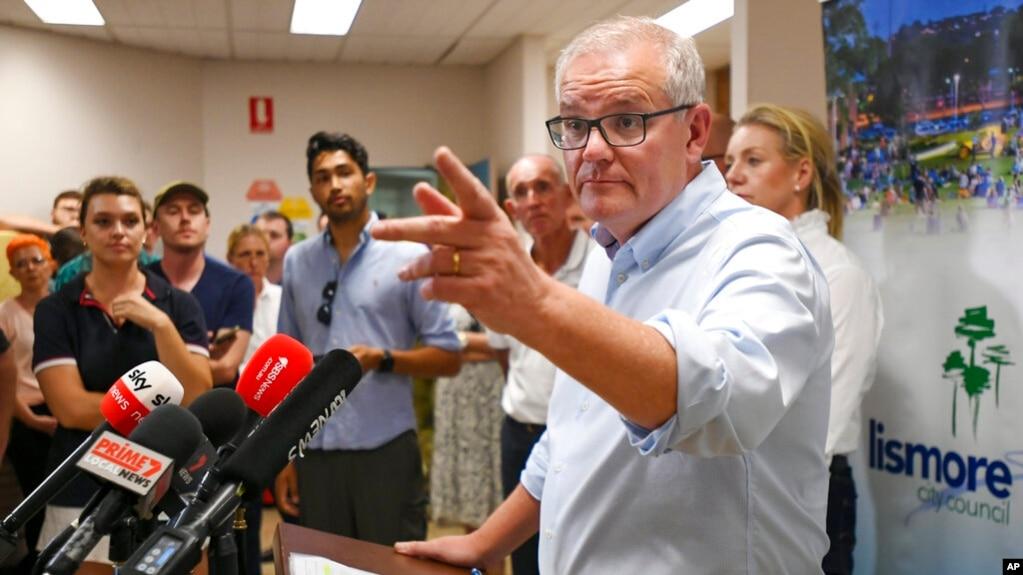 2022年3月9日,澳大利亚总理莫里森(Scott Morrison)在利斯莫尔召开的一次记者会上回答记者问。