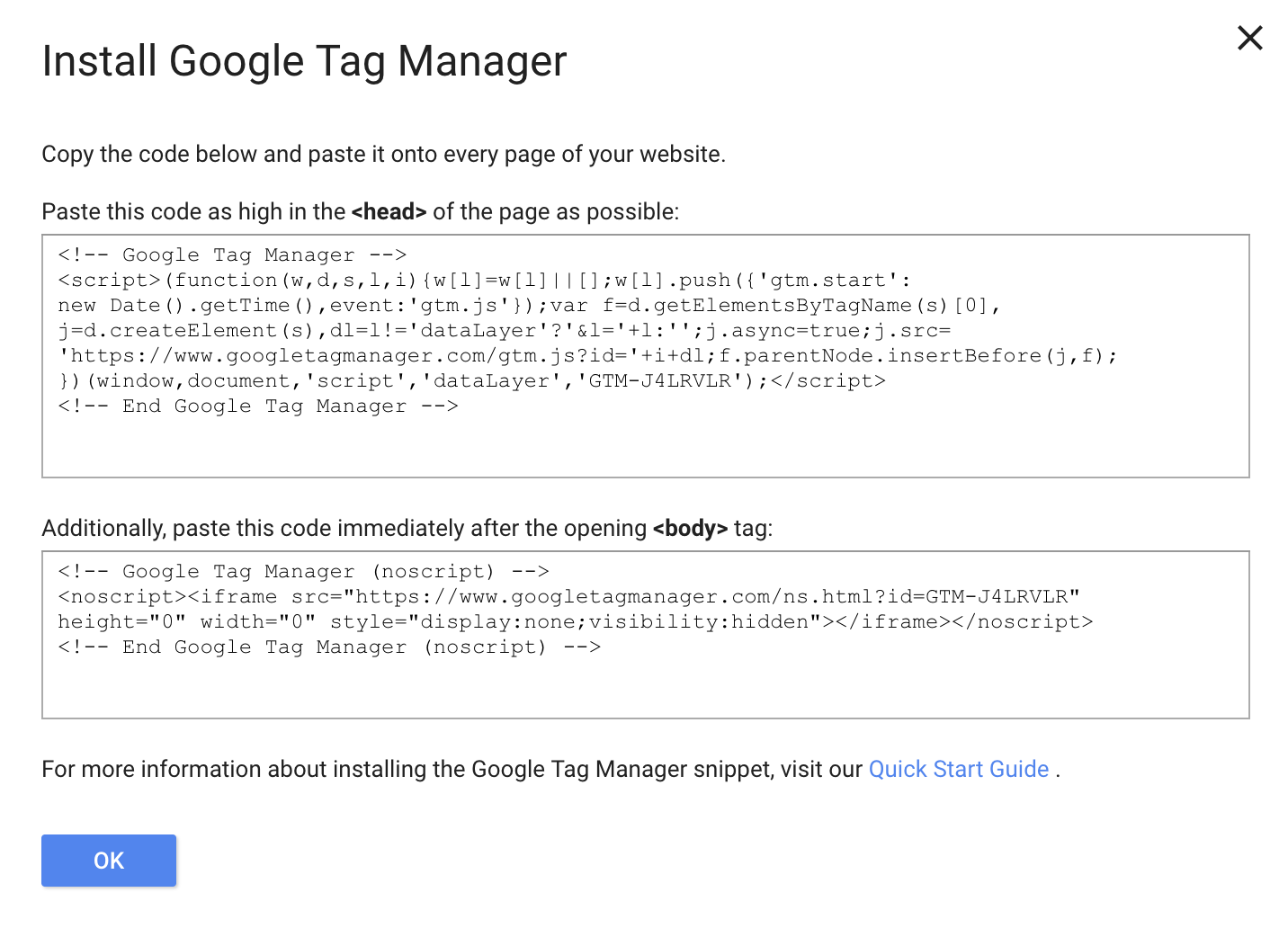 Google Tag code instructions and codes