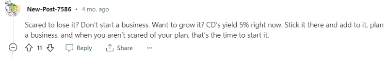 A Reddit post suggesting investing in a 5% yield CD.