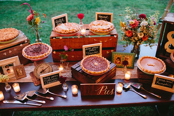 pie wedding dessert table for fall wedding theme