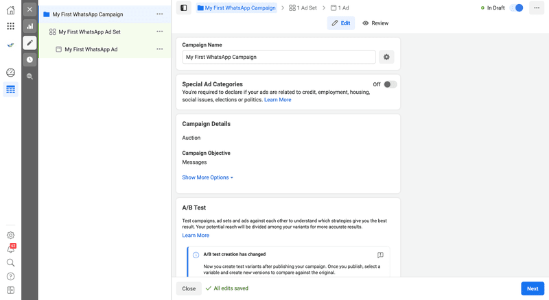 This is a screenshot of step 2 of setting up Click to WhatsApp Ad. Edit campaign name and campaign details. Where appropriate, declare your ad as a Special Ad and set up A/B test to understand which ad strategies give you the best result.