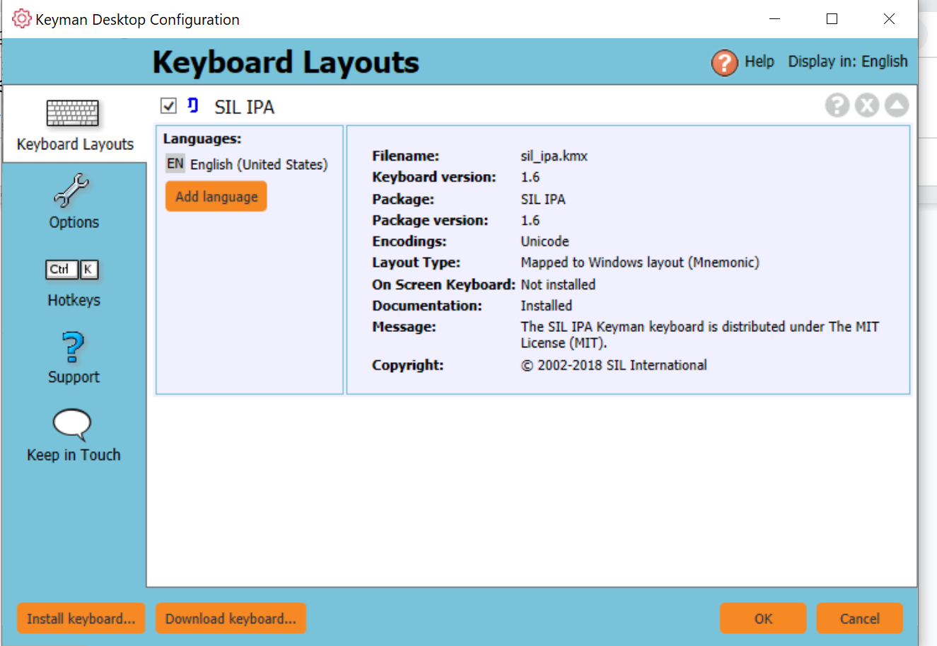 screenshot of keyboards in Keyman