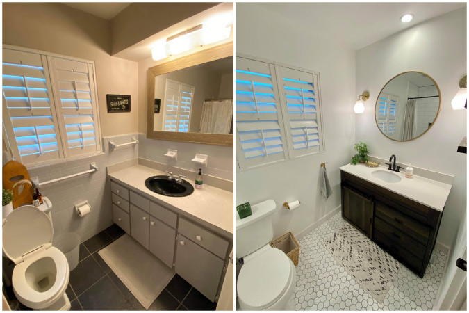 A before and after of a small bathroom remodel