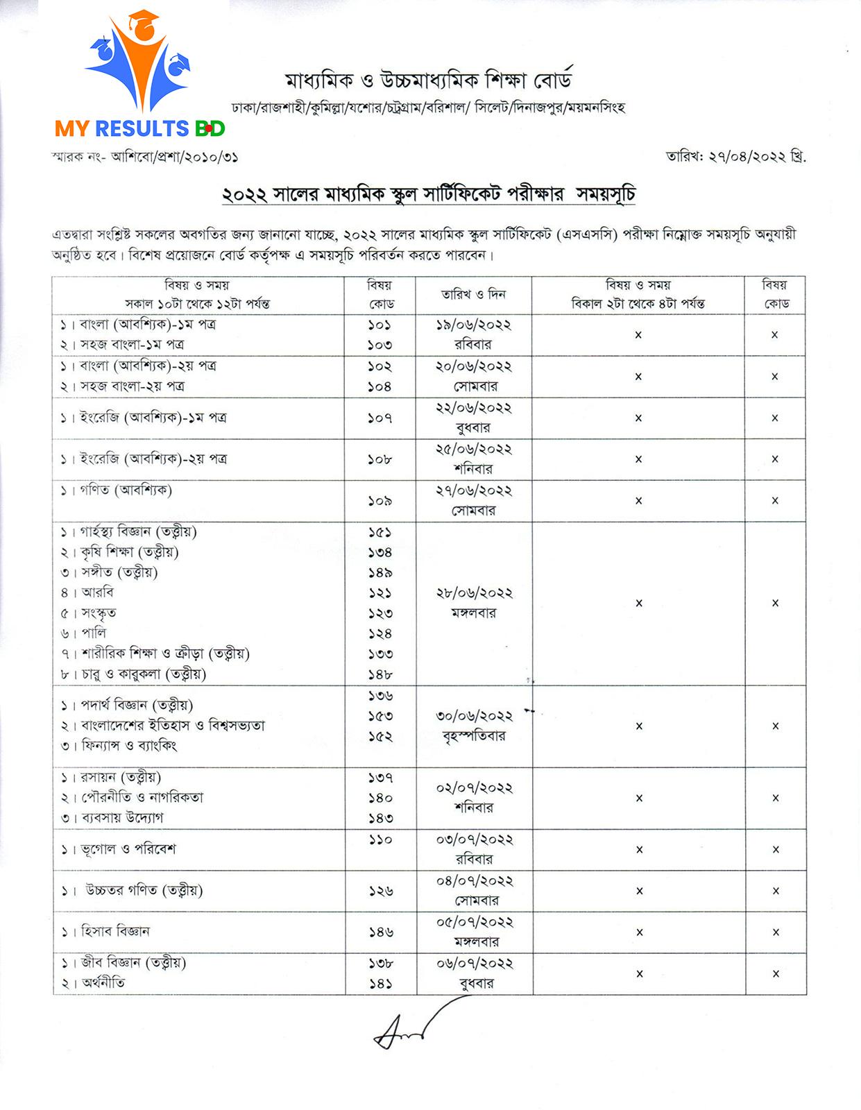 SSC Routine 2022 Sylhet Board - SSC Routine PDF Download