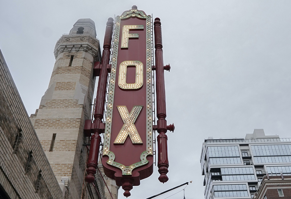 The Fox Theater Marquee Sign on a Cloudy Day.