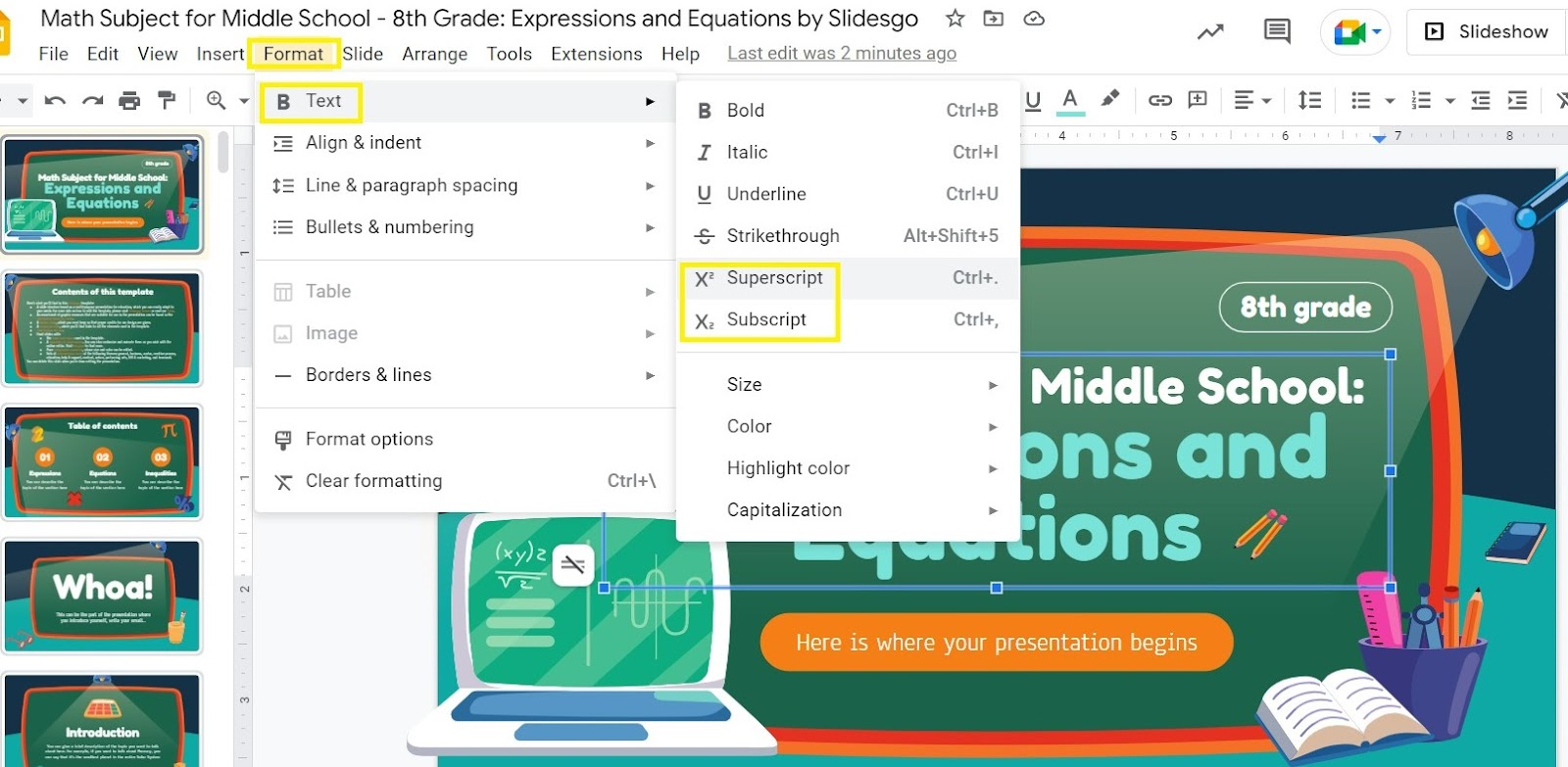 How to Add Superscript and Subscript in Google Slides