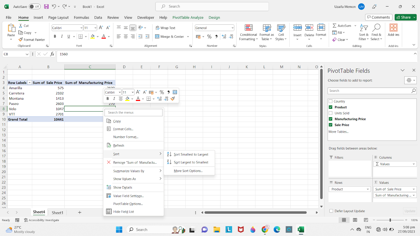 How to Sort Pivot Table Values From Largest to Smallest
