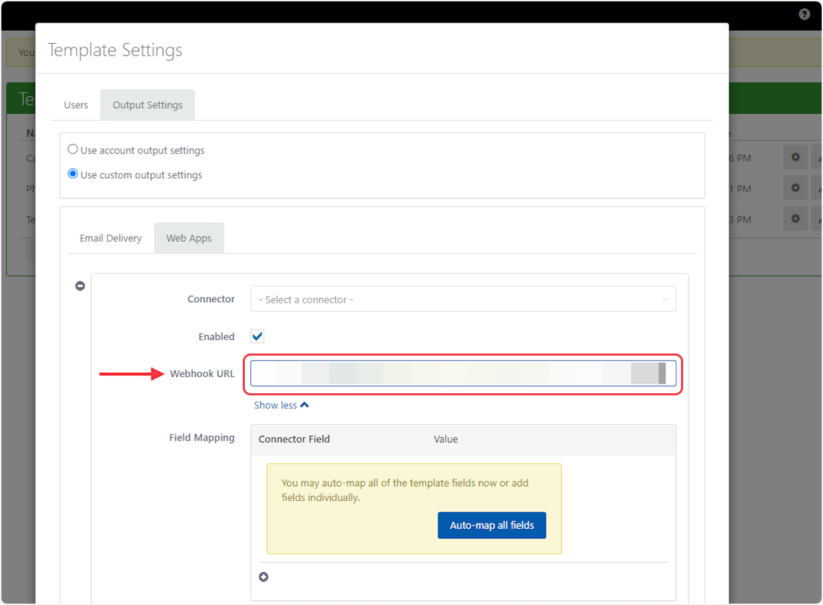 Now copy the webhook URL from the trigger flyout and paste it under the "Webhook URL" field.