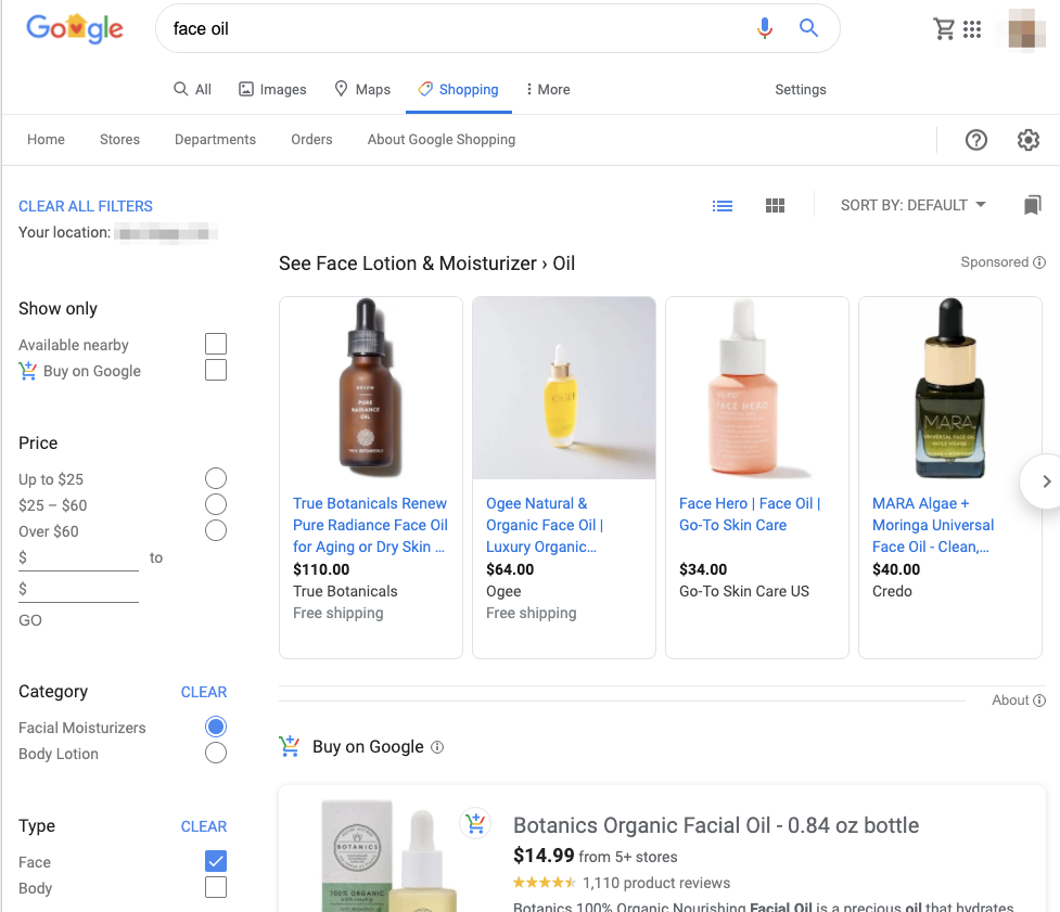 The Google Shopping screen for "Face Oil" search.
