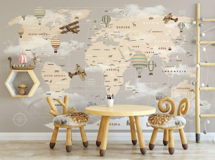 Beige Kids World Map with Hot Air Balloon Wallpaper Mural