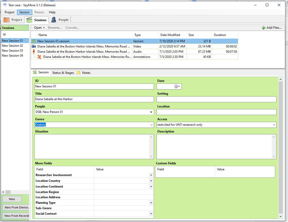 screenshot of file metadata in Saymore