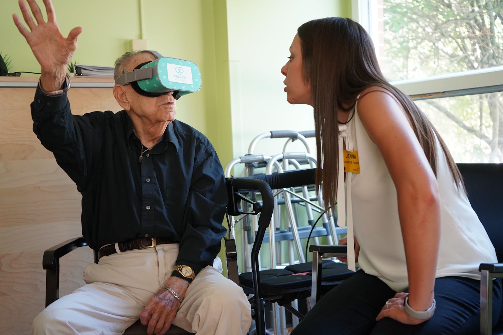 Caregiver tries Rendever VR with older adult