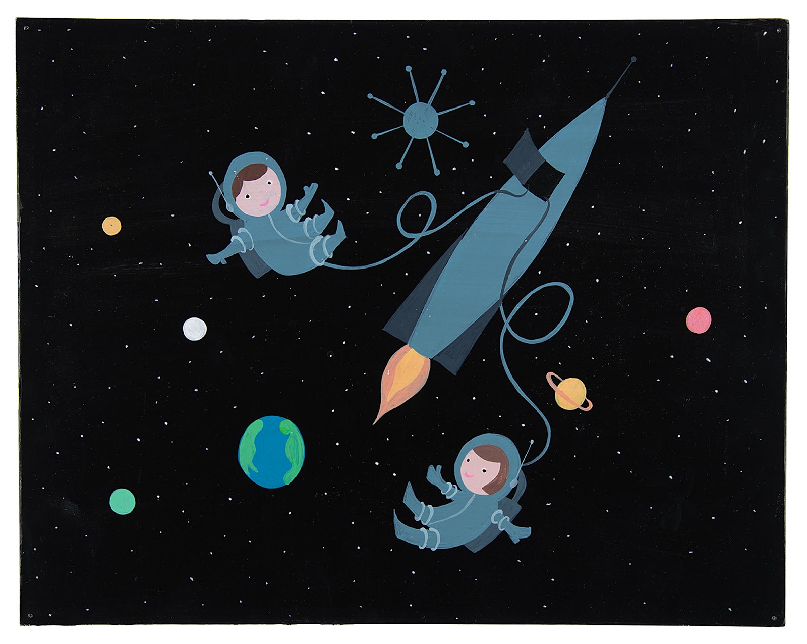 Blair’s concept painting for the It’s A Small World attraction depicting two cosmonaut children drifting through space while attached to a rocket sold for $22,781.