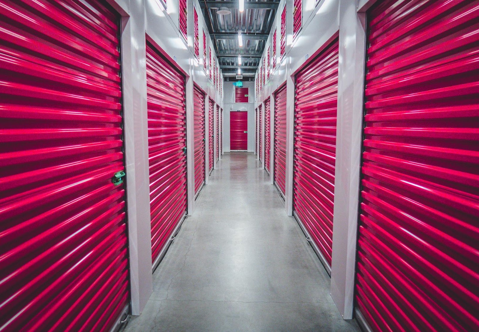 A row of red storage units.