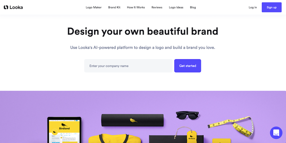 Looka AI. Design your entire brand using AI. homepage screenshot