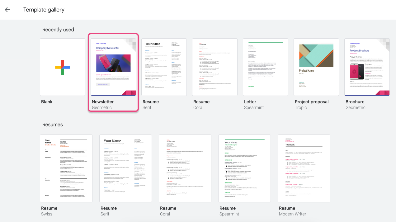 Selecting Google Docs -> Templates Gallery -> Newsletter