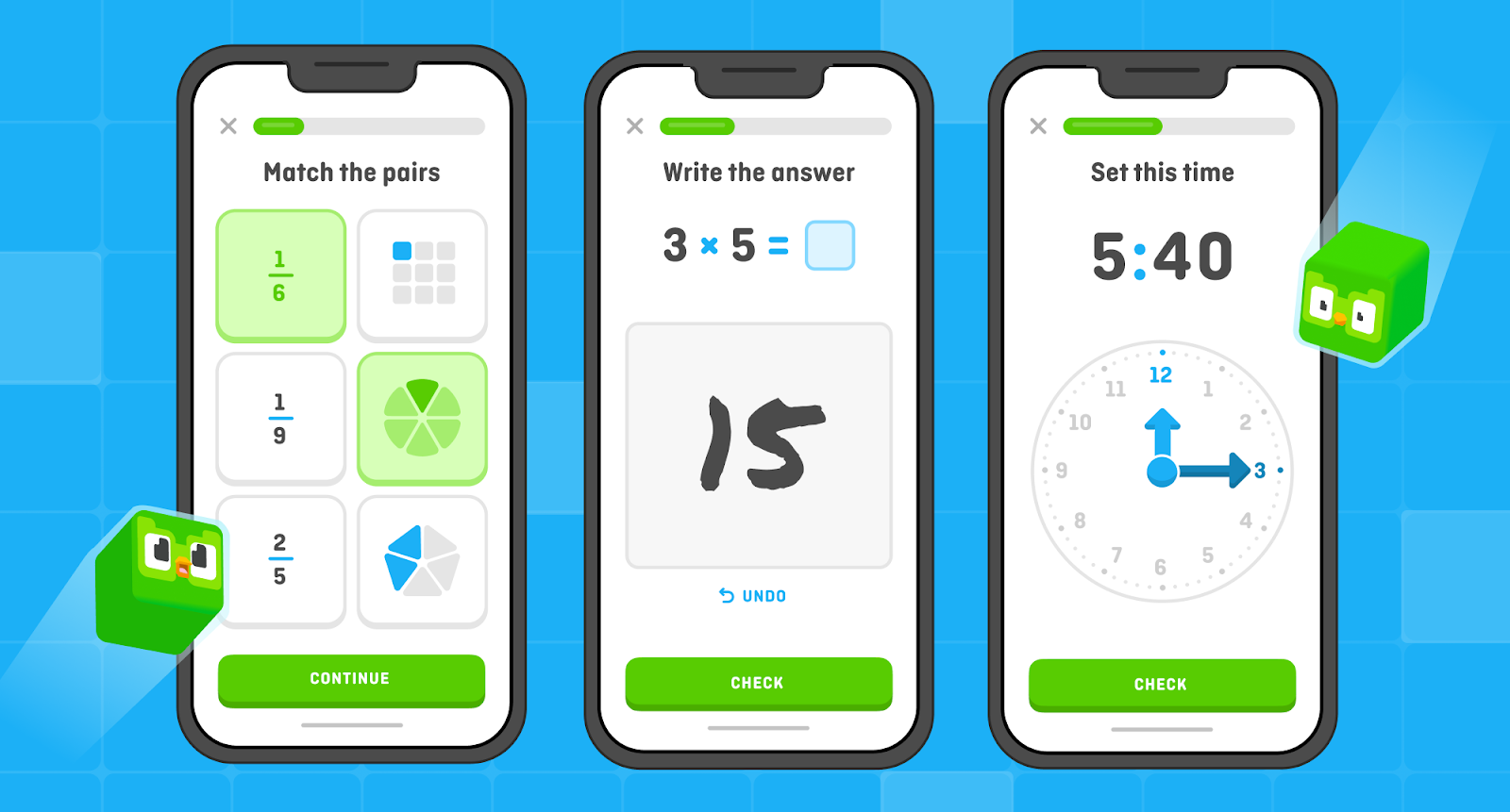 Three iPhone screens showing 3 distinct Math exercises. On the left, an exercise asks the user to "Match the pairs" with written fractions on the left and different shapes on the right with certain segments filled in. In the center, the user is asked to write the answer to 3x5. On the right, the user is asked to set the time on a clock to 5:40.